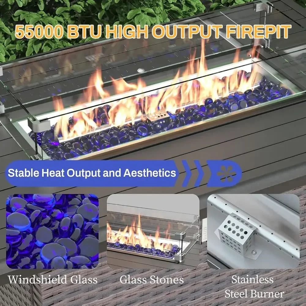 Outdoor 10 Piece Rattan Sofa Set With Propane Fire Pit