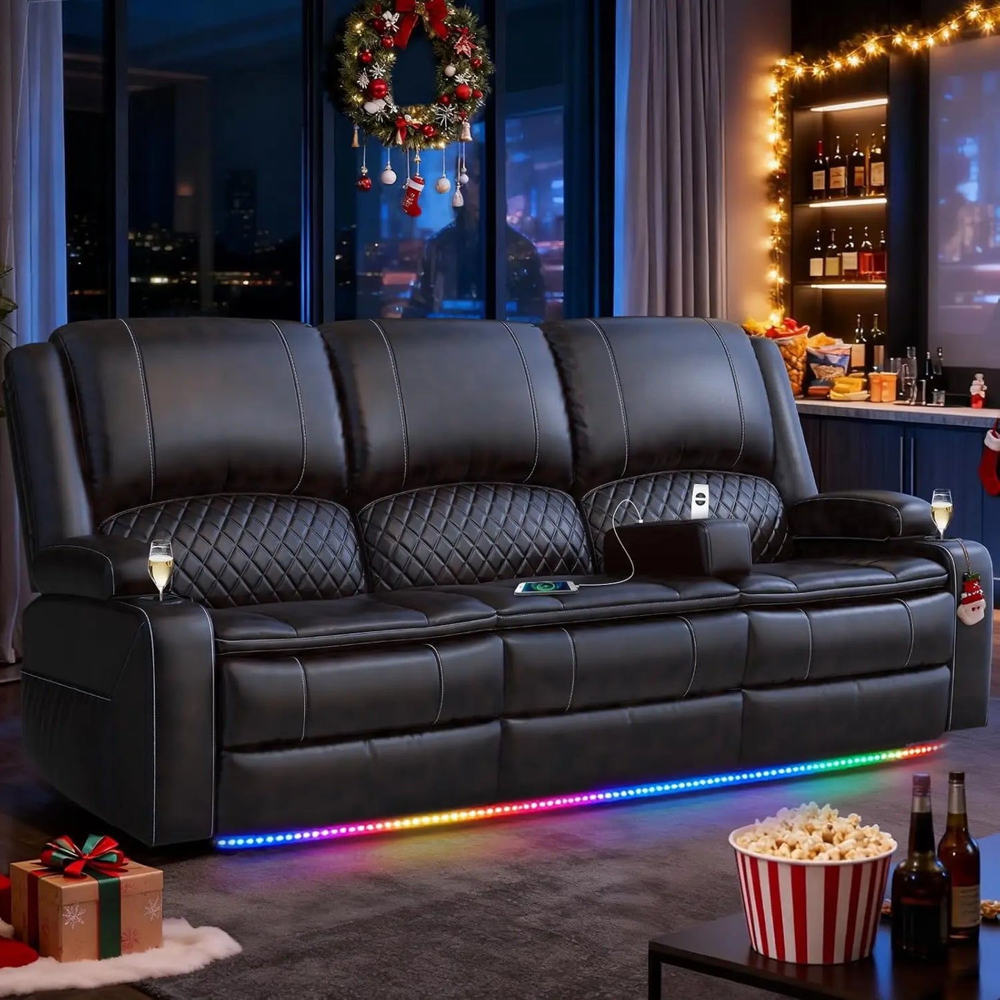 3 Seat Recliner Sofa With Console USB Ports And Cupholders