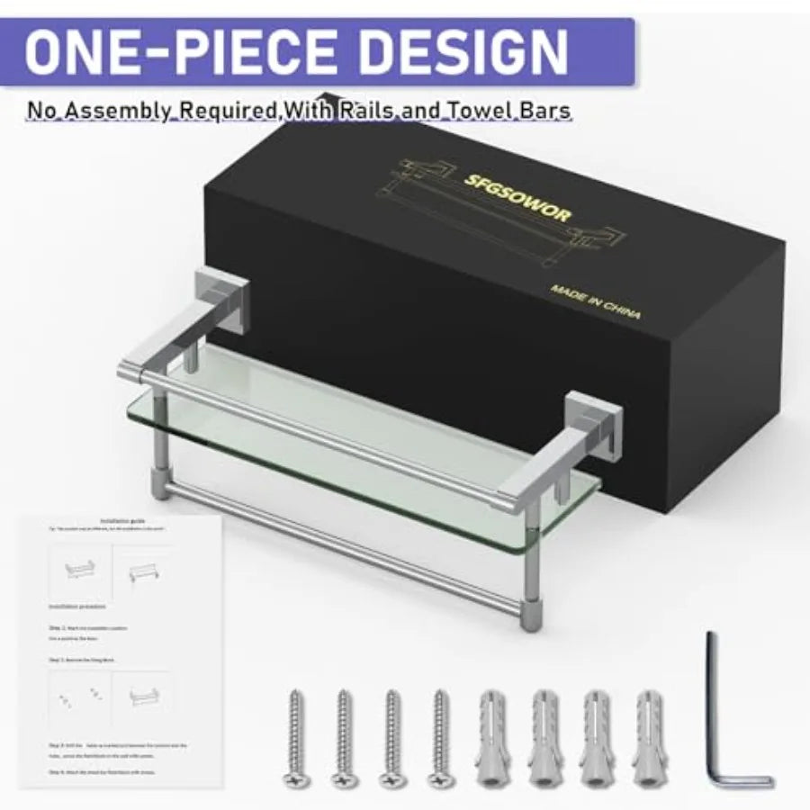 Bathroom Glass Shelf With Towel Bar And Stainless Steel Holder
