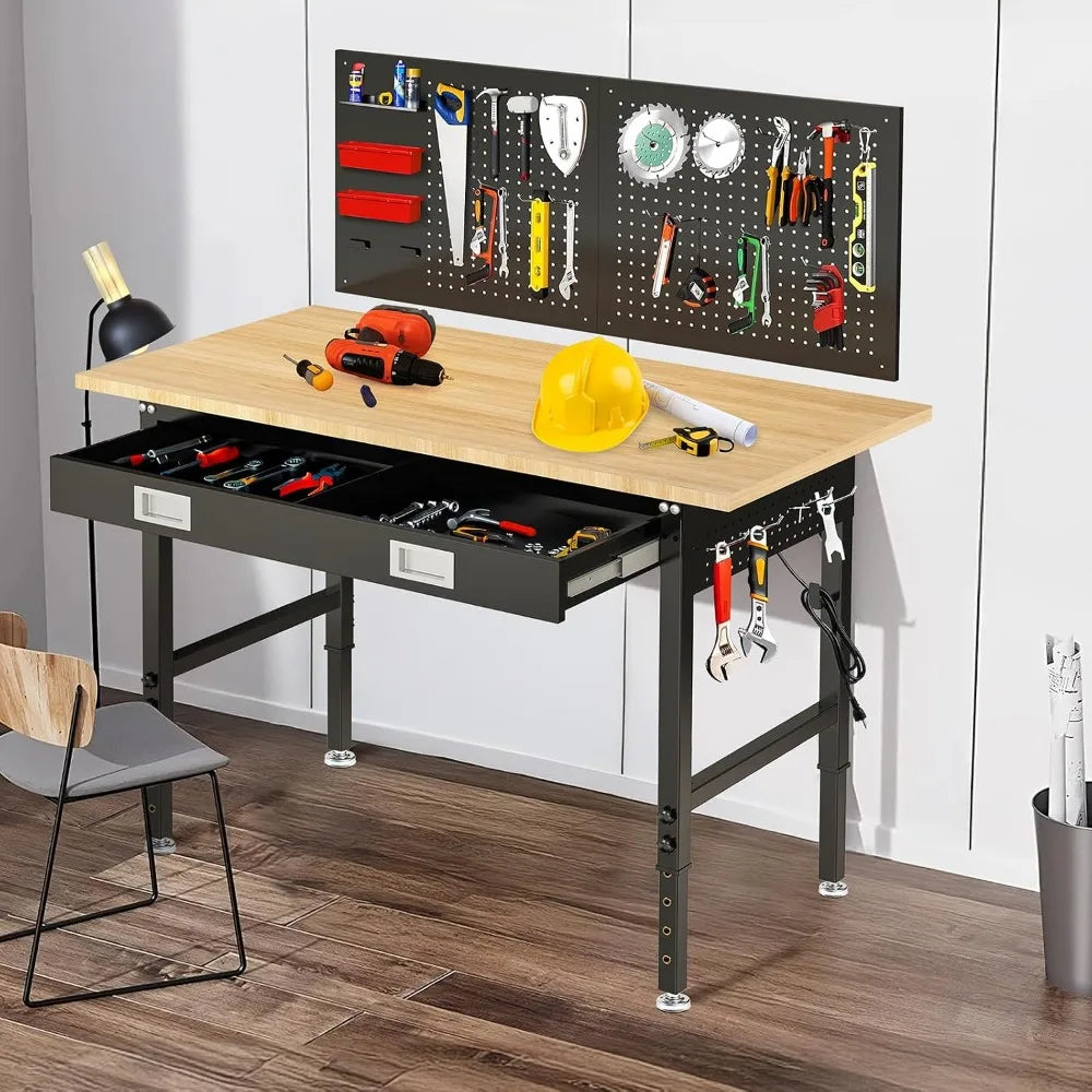 Heavy Duty Adjustable Workbench With Drawers, Power Outlet And Pegboard