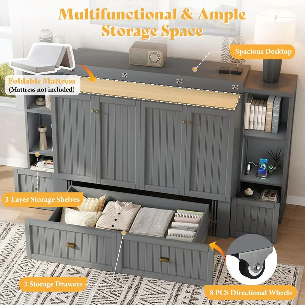 Murphy Bed With Bedside Tables 3 Storage Drawers And Charging Station Farmhouse