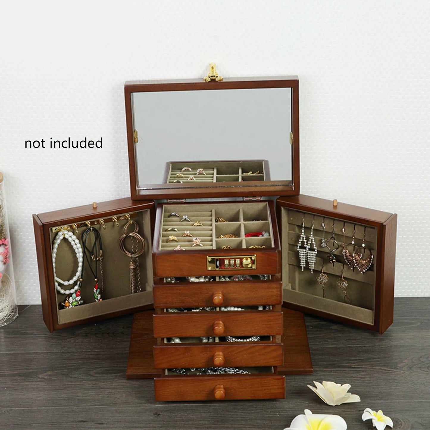 Wooden Jewelry Box With Mirror Password Lock Four Layer Organizer