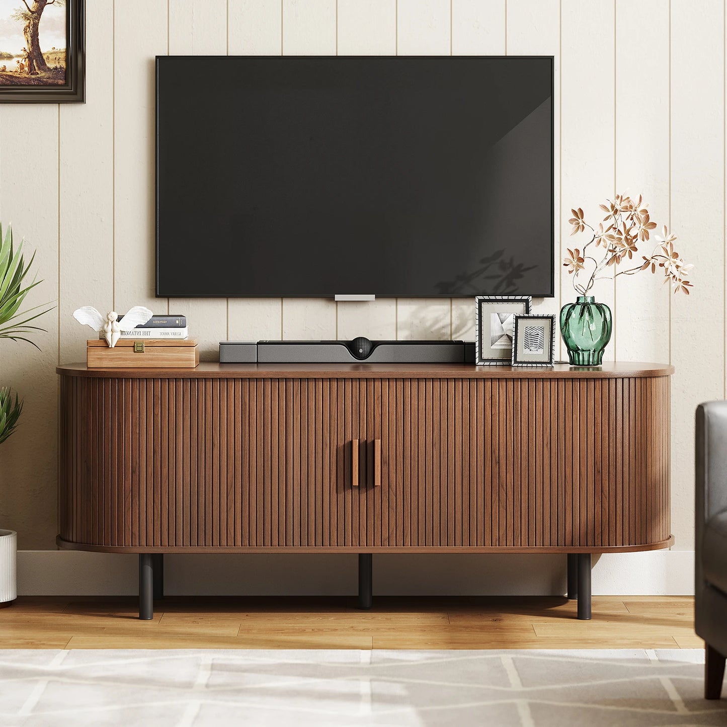 ONBRILL TV Stand With Power Outlet Sliding Doors Storage