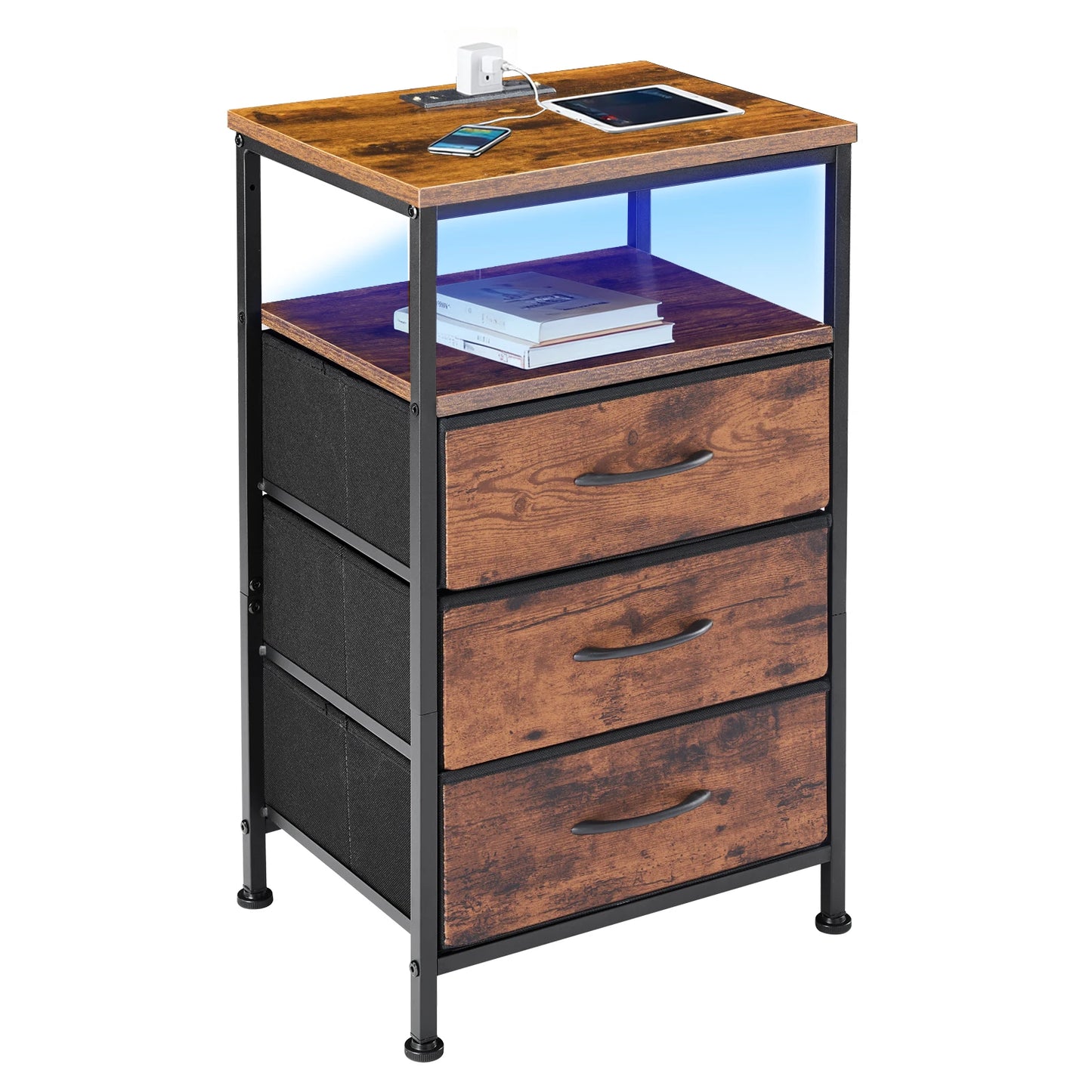 JHK Three-Drawer Fabric Cabinet Bedside Table With USB Type-C Ports