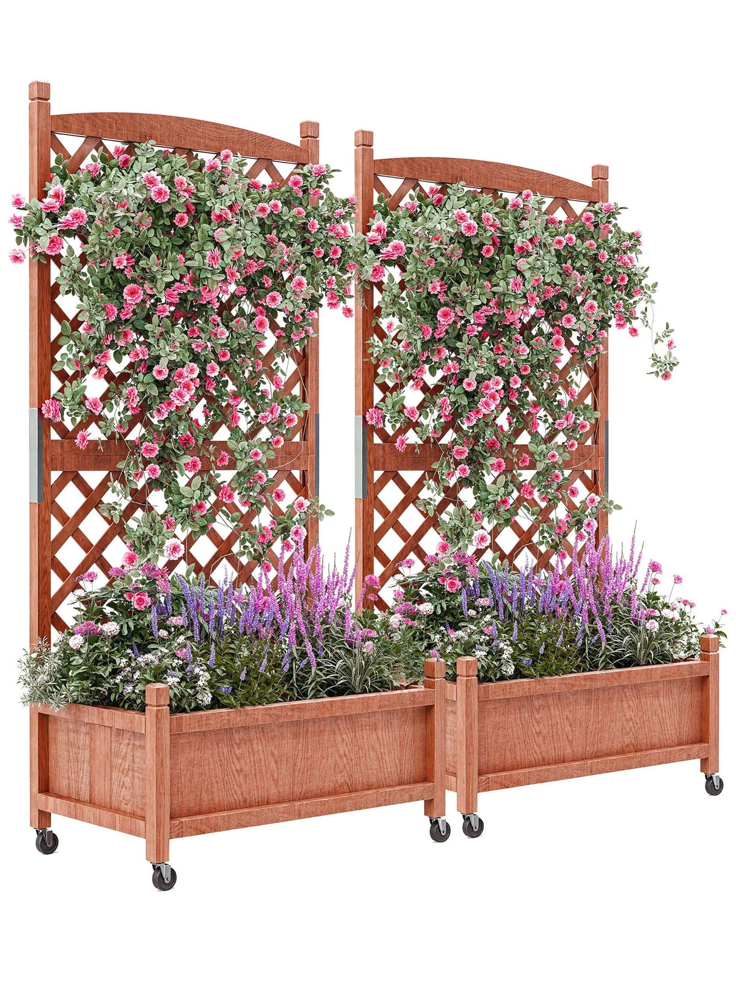 TWISTER.CK Wood Raised Planter Box With Trellis And Wheels