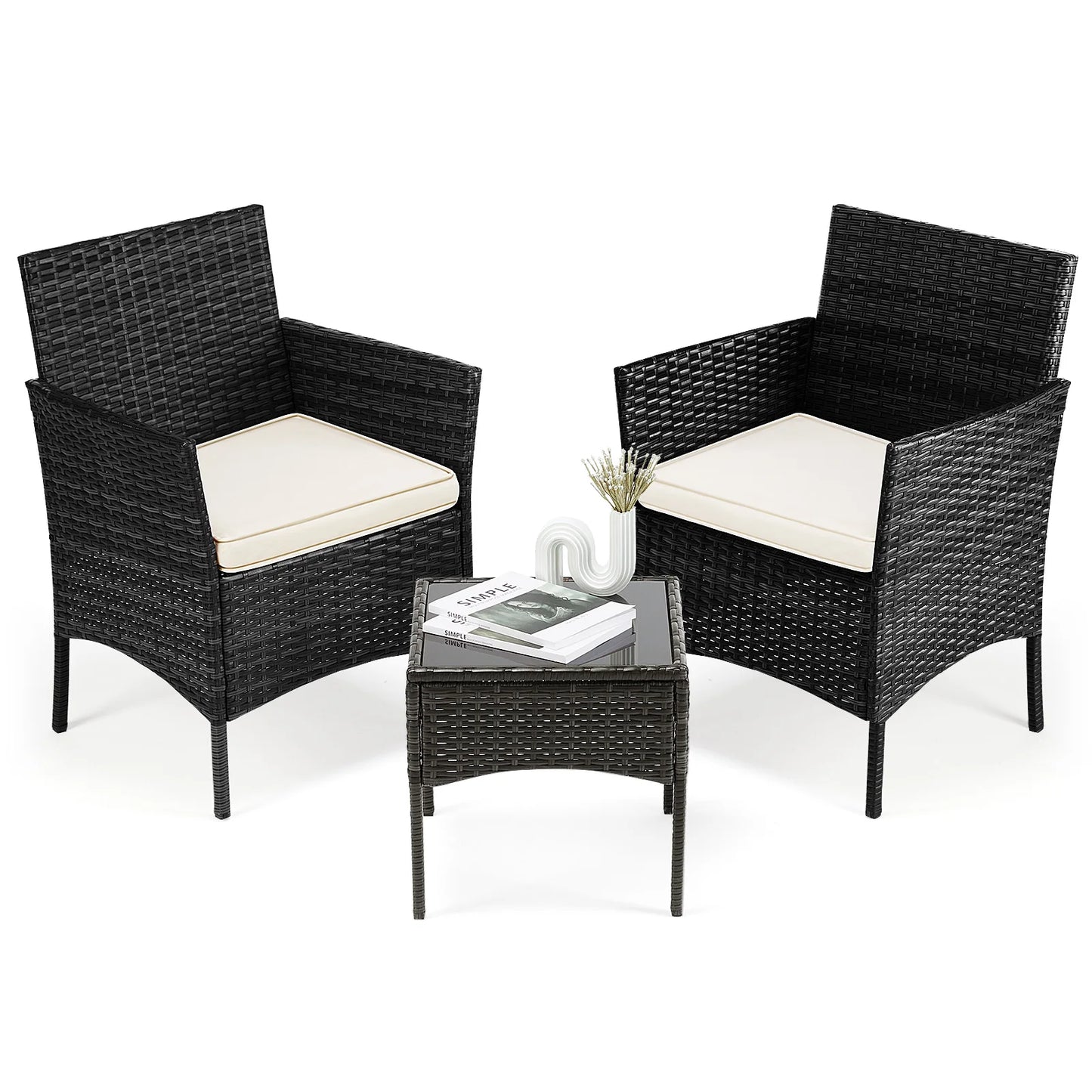 Three Piece Outdoor Wicker Patio Set With Cushions