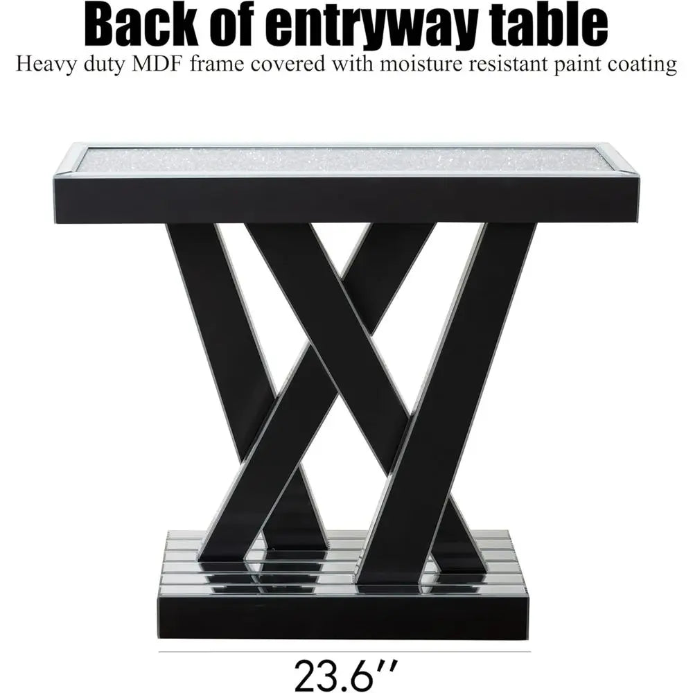 Mirrored Glass Accent Table With Crystal Inlays For Entryway
