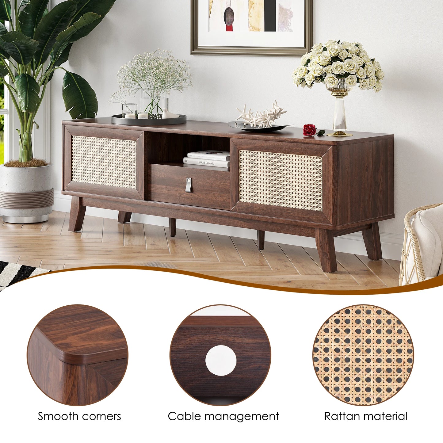 FARINI Mid Century Rattan TV Stand With Drawer And Cabinets