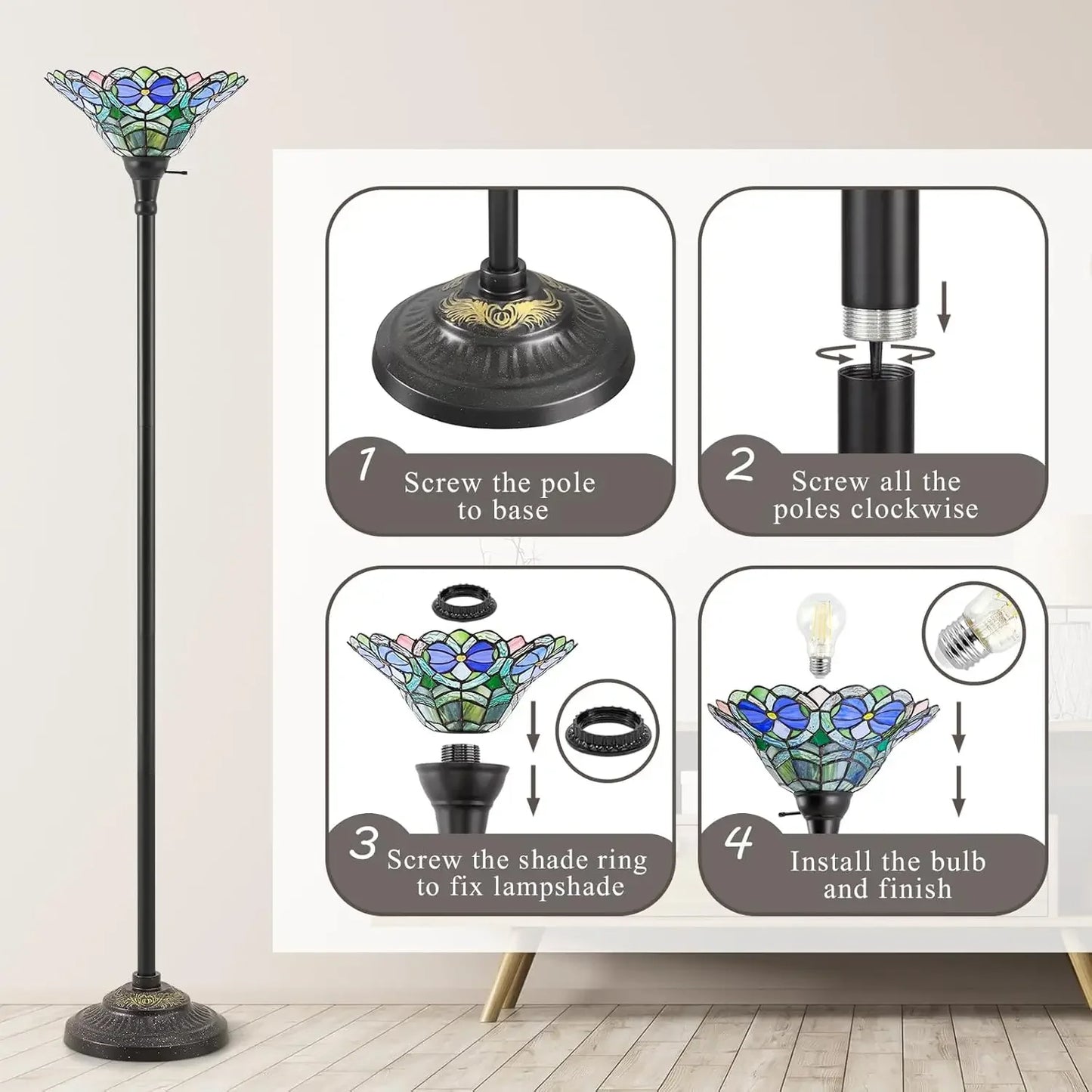 Tiffany Style Torchiere Floor Lamp With Victorian Stained Glass Shade
