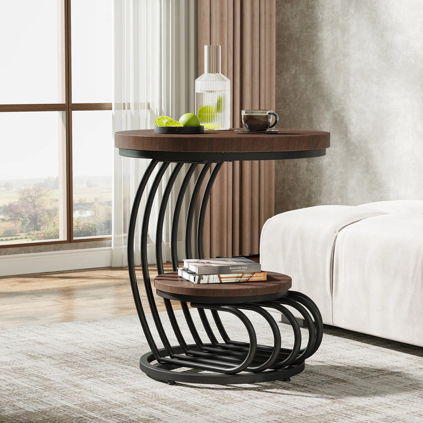 Tribesigns Round End Table With Storage Shelf Two Tier