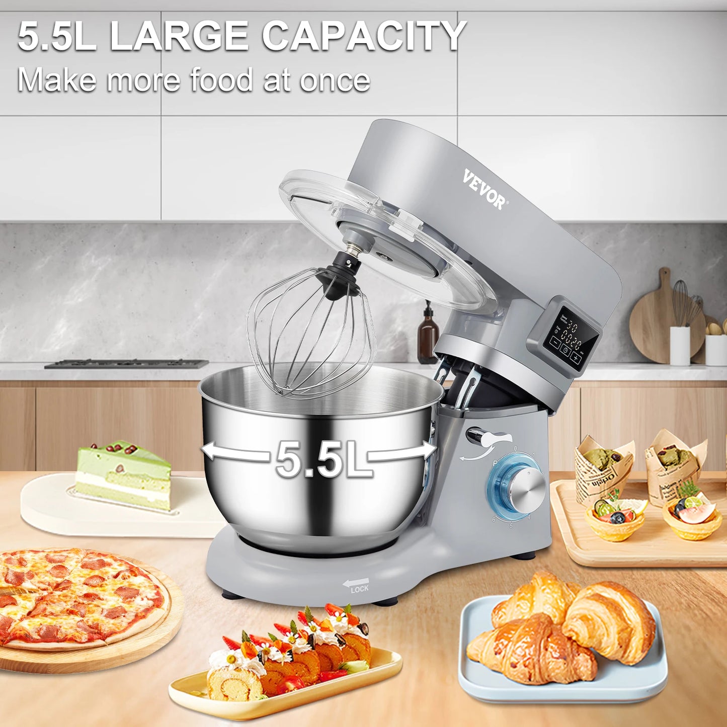 VEVOR Stand Mixer Electric Dough With 6 Speeds LCD Stainless Bowl