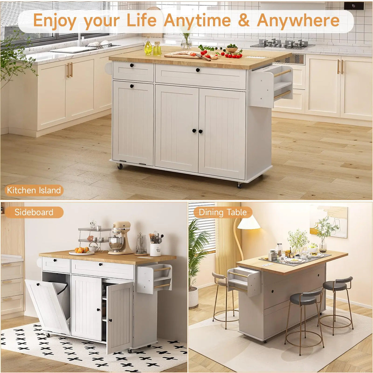 ONBRILL Rolling Kitchen Island With Drop Leaf And Power Outlet