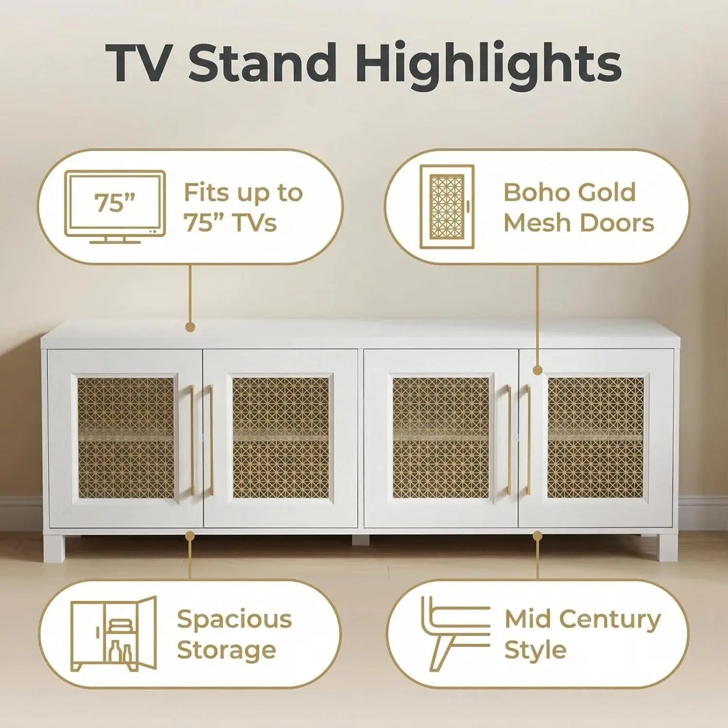Boho TV Stand Media Console With Gold Mesh Doors Modern