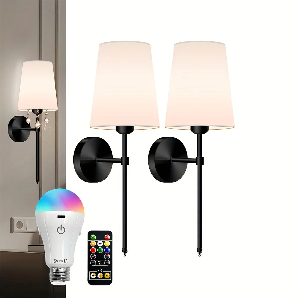 Battery Operated Wall Sconce Set of 2 With Dimmable Bulbs and Remote
