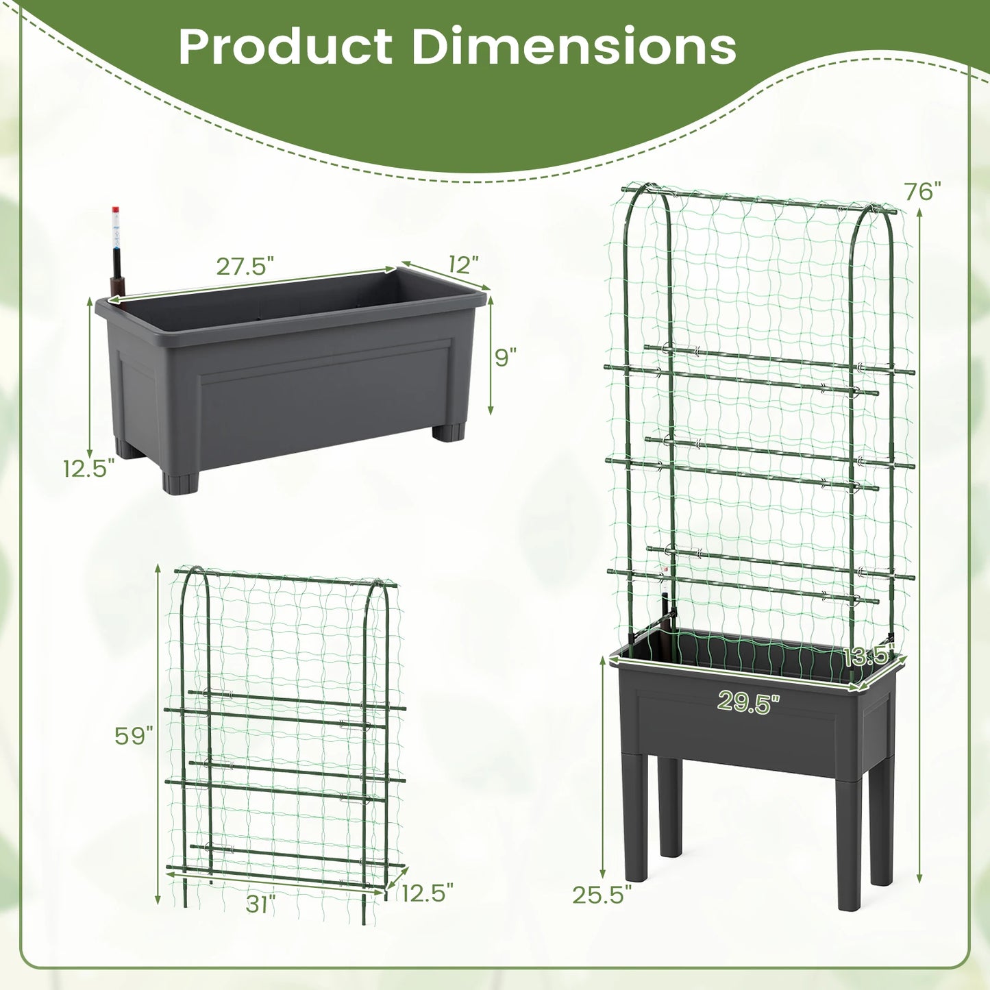 Raised Garden Bed Planter With Climbing Trellis Water Level Indicator