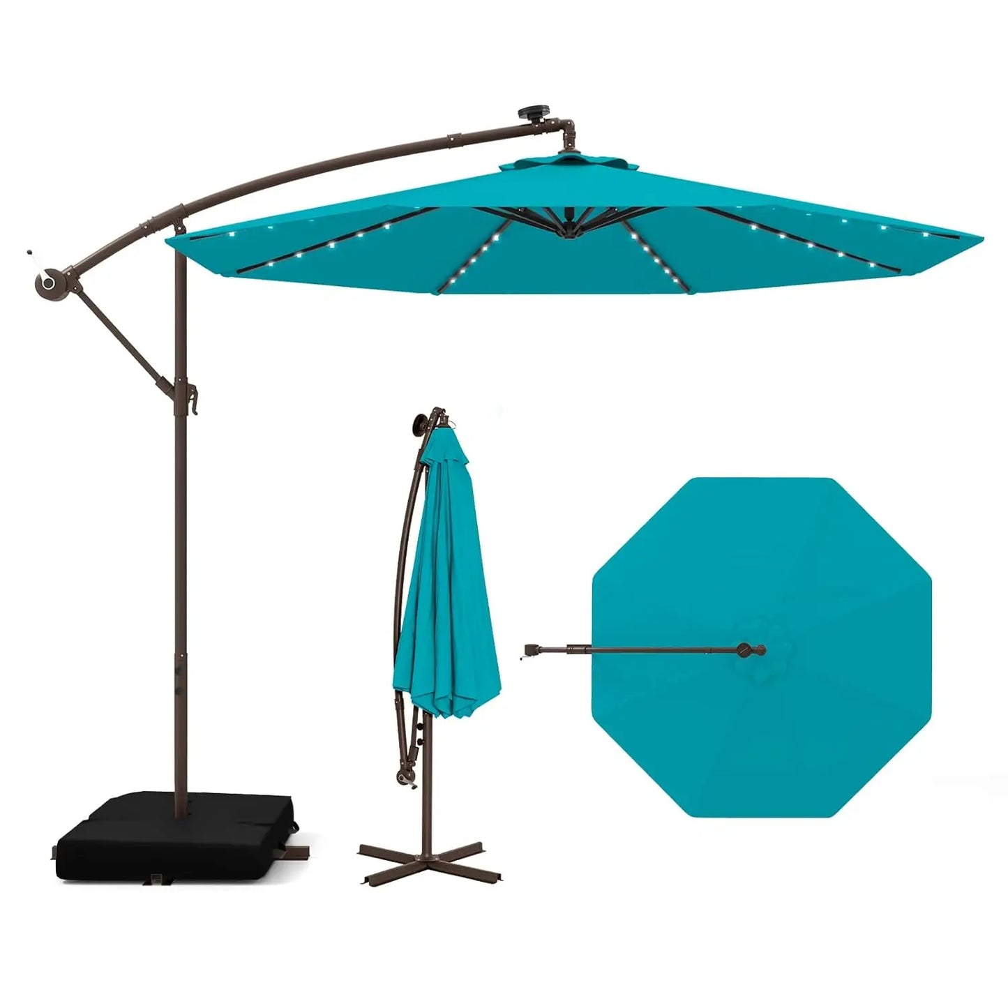 Offset Cantilever Patio Umbrella With Base And Solar LED Lights