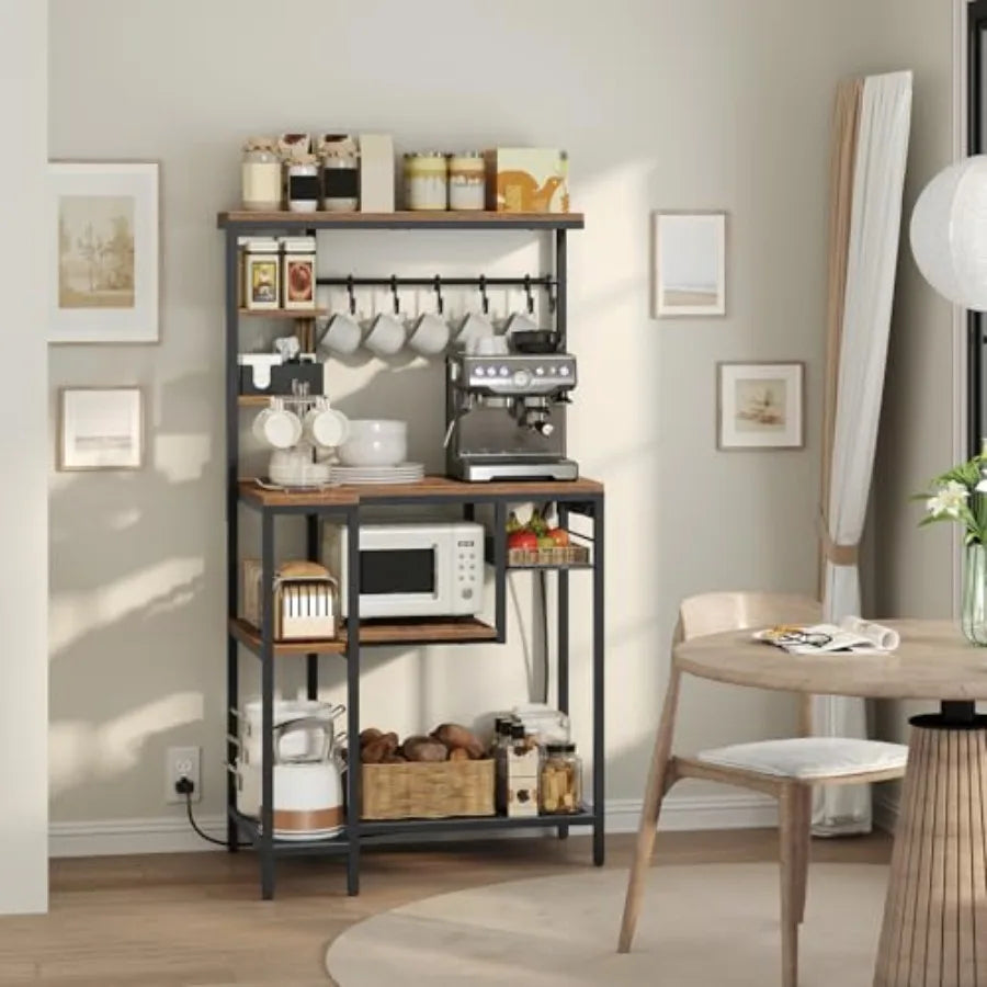 Coffee Bar Bakers Rack With Microwave Stand Power Outlet Wire Basket Hooks