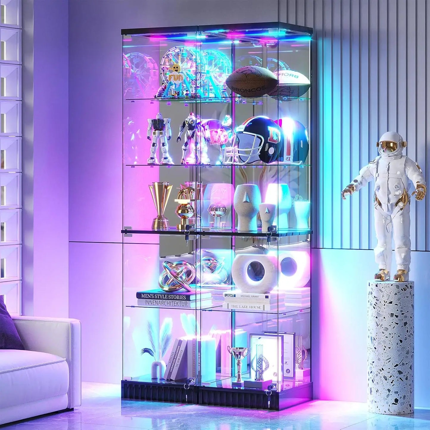 Glass Display Cabinet With RGB Lighting And Lockable Tempered Doors