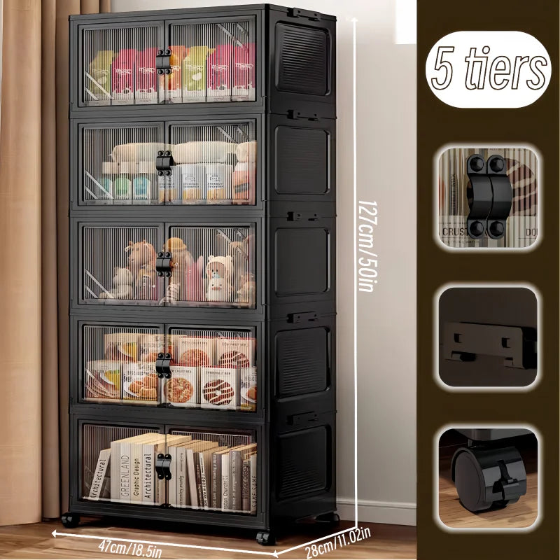 ONENOBLE Foldable Stackable Rolling Storage Cabinet With Clear Double Doors