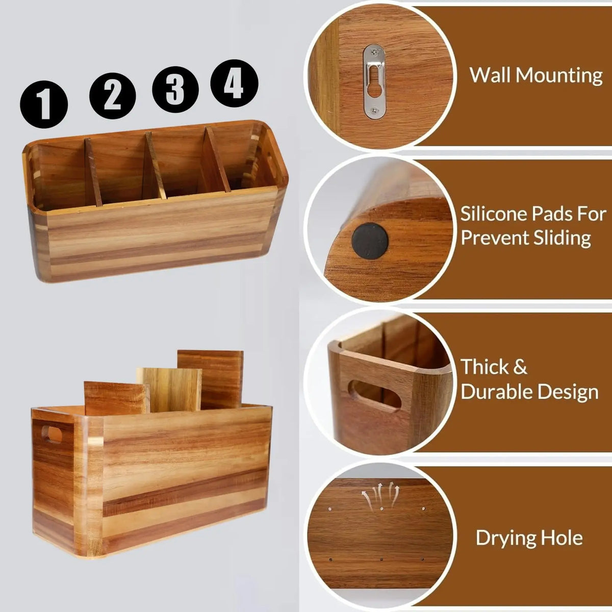 Wooden Kitchen Utensil Holder and Countertop Organizer with Compartments