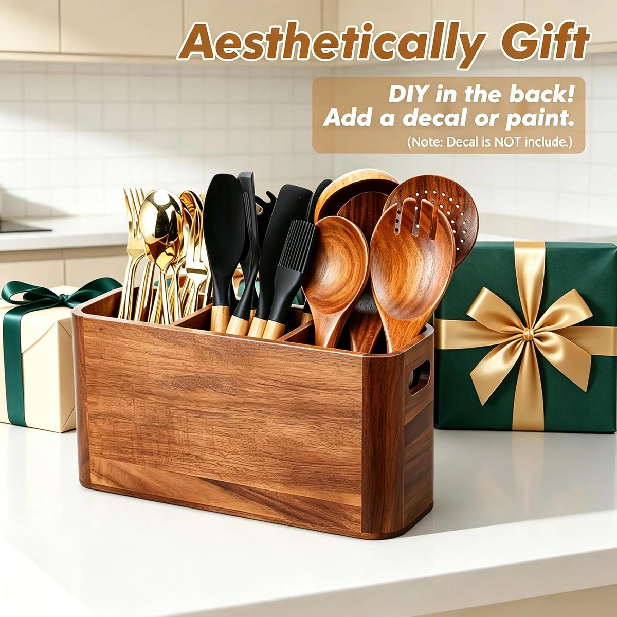 Wooden Kitchen Utensil Holder and Countertop Organizer with Compartments