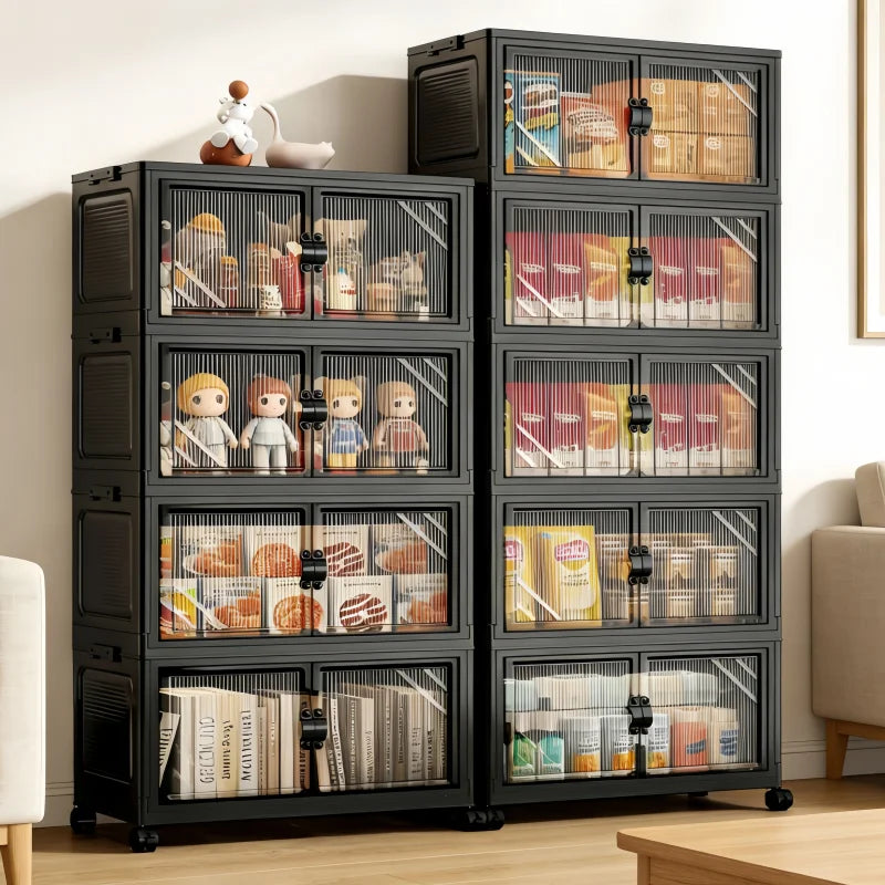 ONENOBLE Foldable Stackable Rolling Storage Cabinet With Clear Double Doors