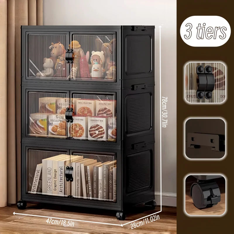 ONENOBLE Foldable Stackable Rolling Storage Cabinet With Clear Double Doors