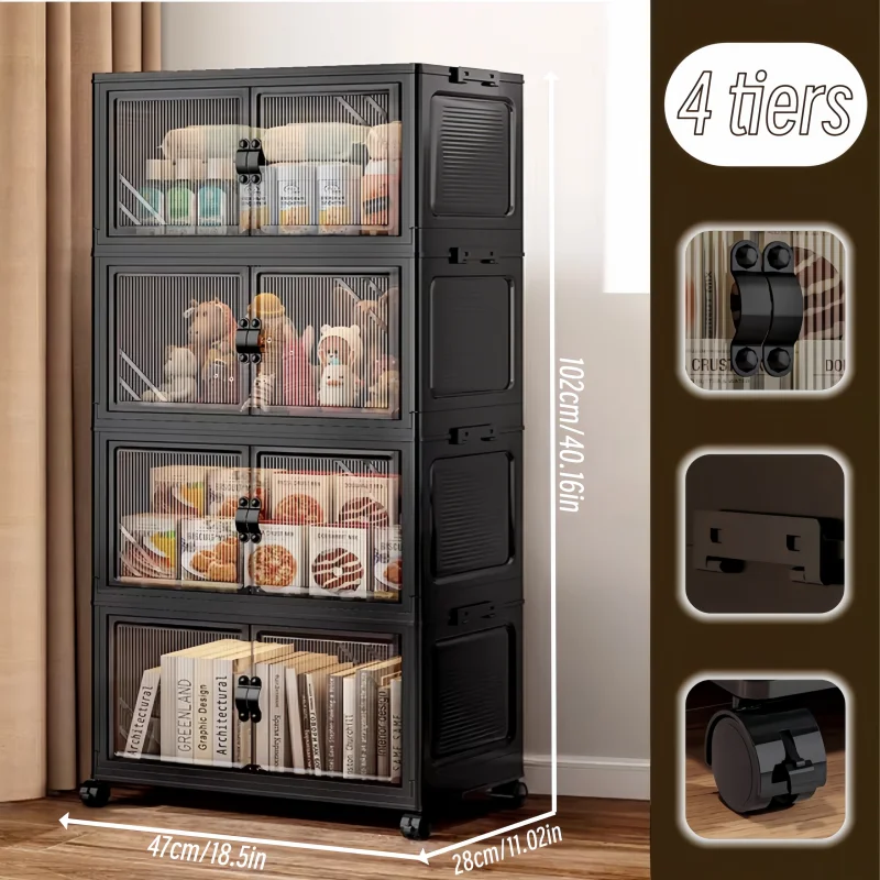 ONENOBLE Foldable Stackable Rolling Storage Cabinet With Clear Double Doors