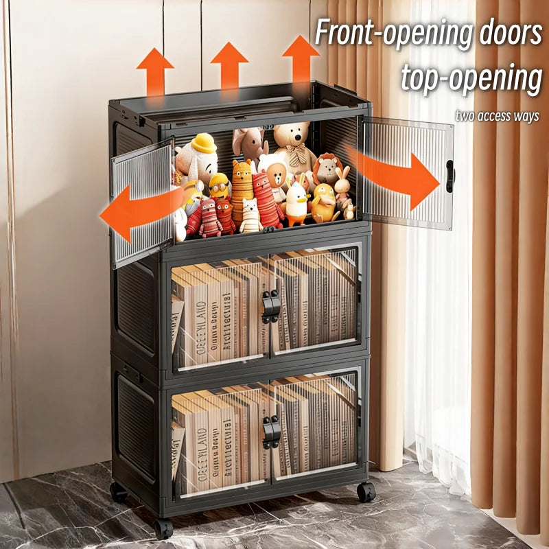 ONENOBLE Foldable Stackable Rolling Storage Cabinet With Clear Double Doors