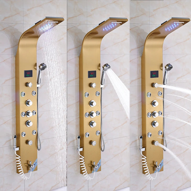 SHBSHAIMY Gold Shower Panel Column Six Way Rainfall Shower LED Display