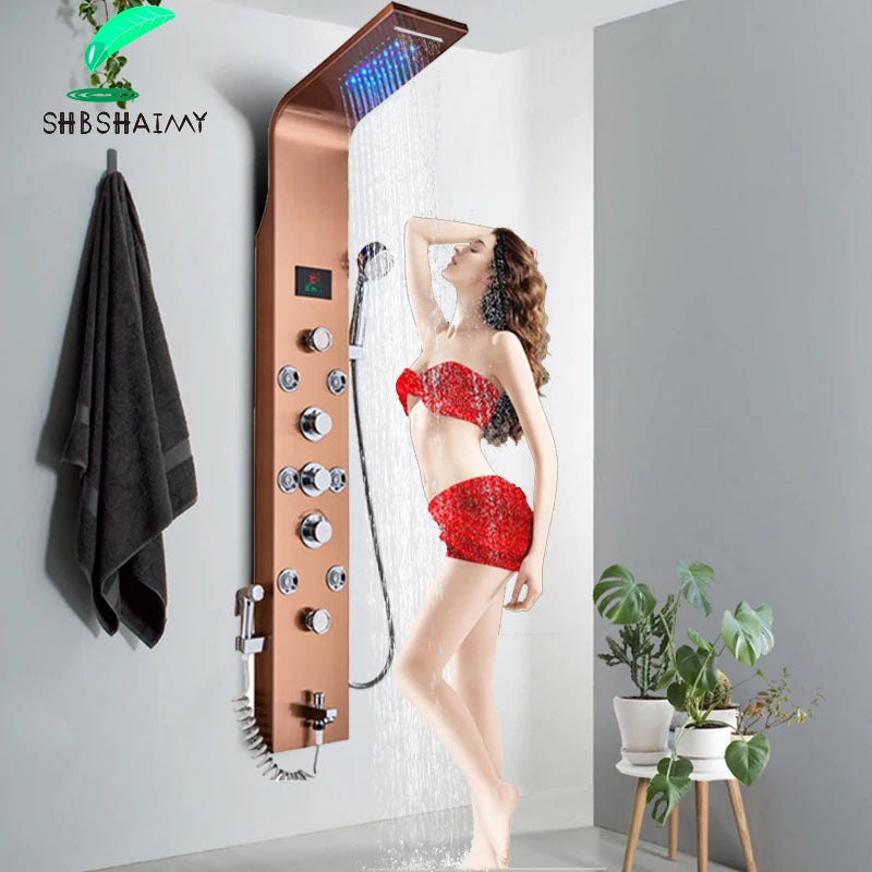 SHBSHAIMY Gold Shower Panel Column Six Way Rainfall Shower LED Display