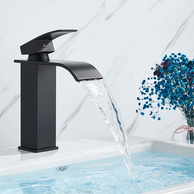 Onyzpily Deck Mounted Waterfall Basin Faucet Single Lever Hot Cold