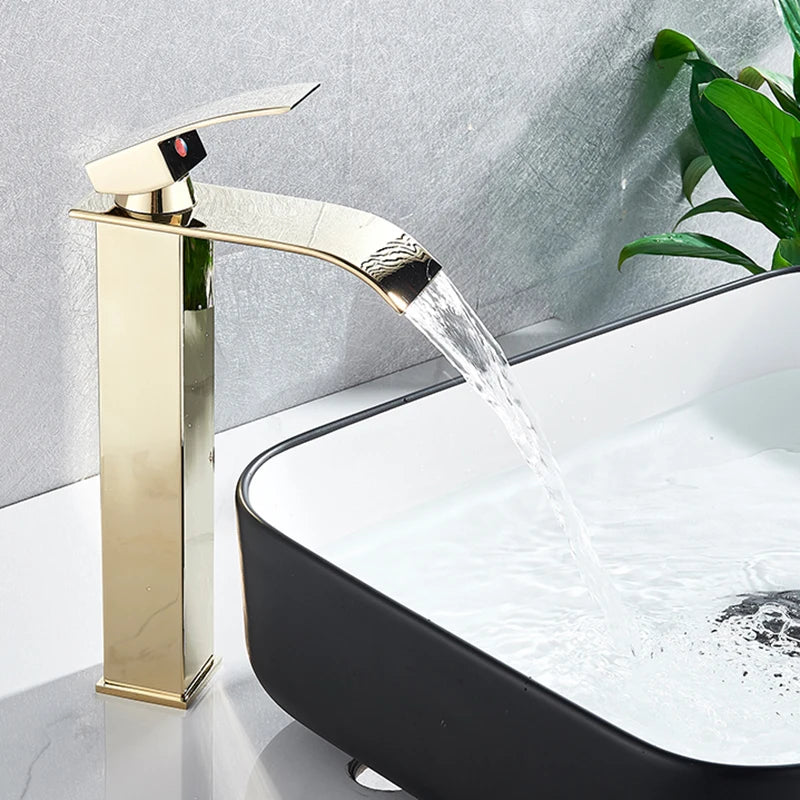Onyzpily Deck Mounted Waterfall Basin Faucet Single Lever Hot Cold