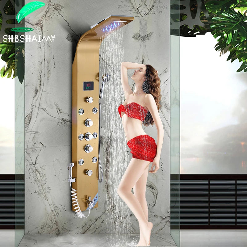 SHBSHAIMY Gold Shower Panel Column Six Way Rainfall Shower LED Display