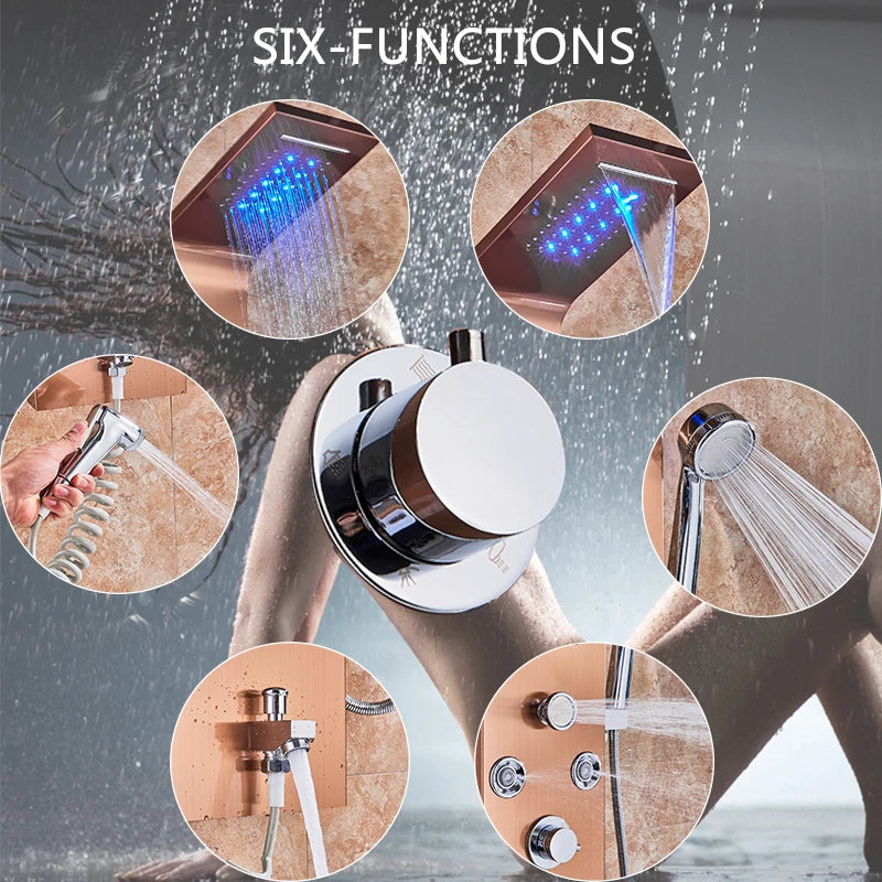 SHBSHAIMY Gold Shower Panel Column Six Way Rainfall Shower LED Display