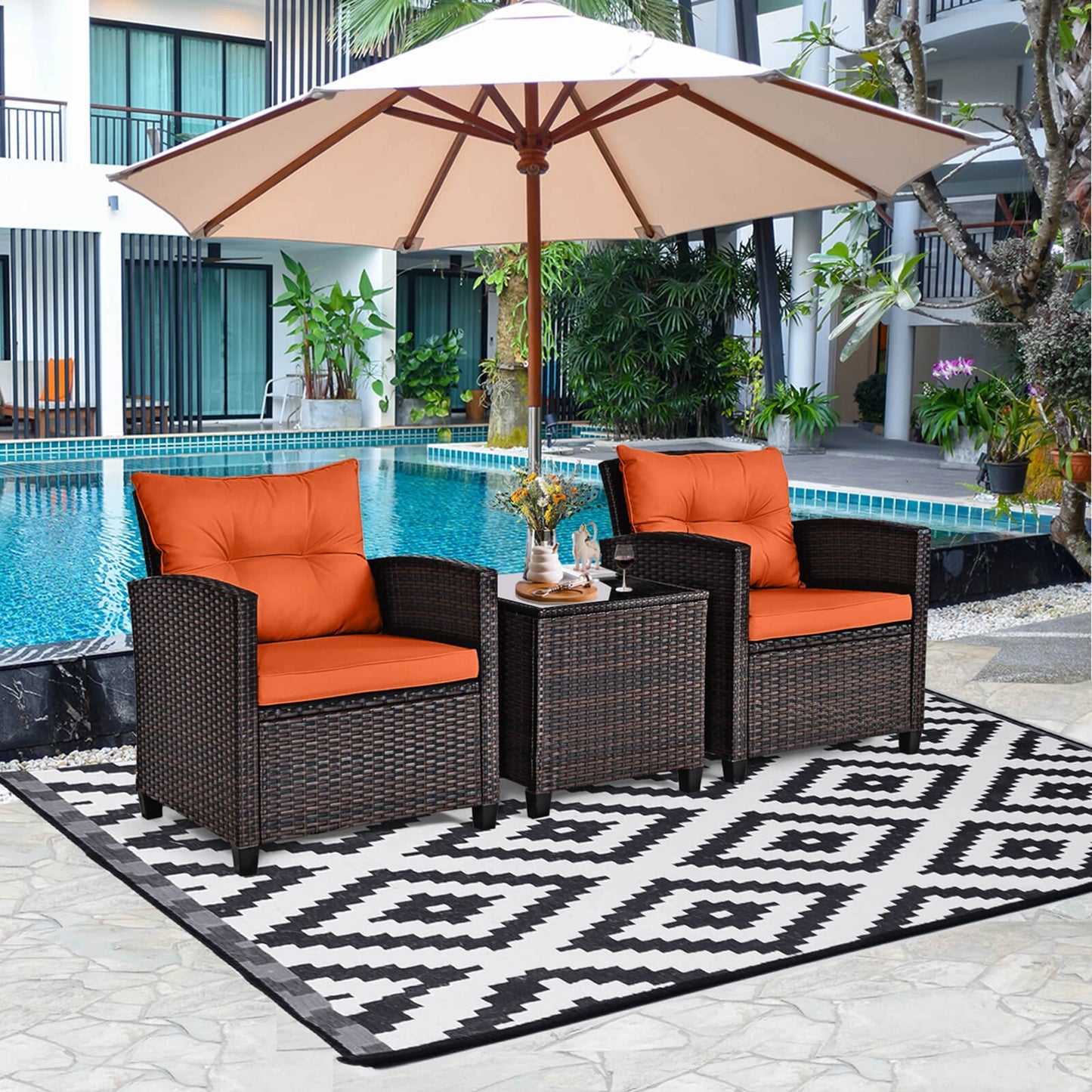 HOMASIS 3-Piece Patio Rattan Cushioned Furniture Set