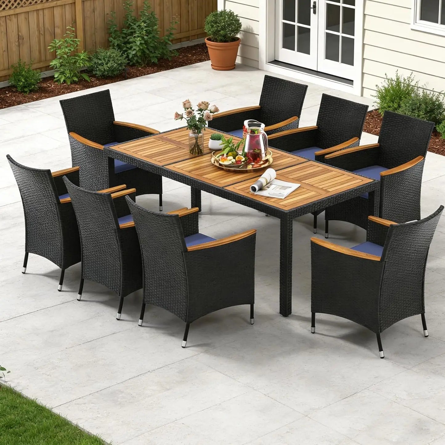 Outdoor Patio Dining Set Rattan Table And Chairs Acacia Wood Umbrella Hole