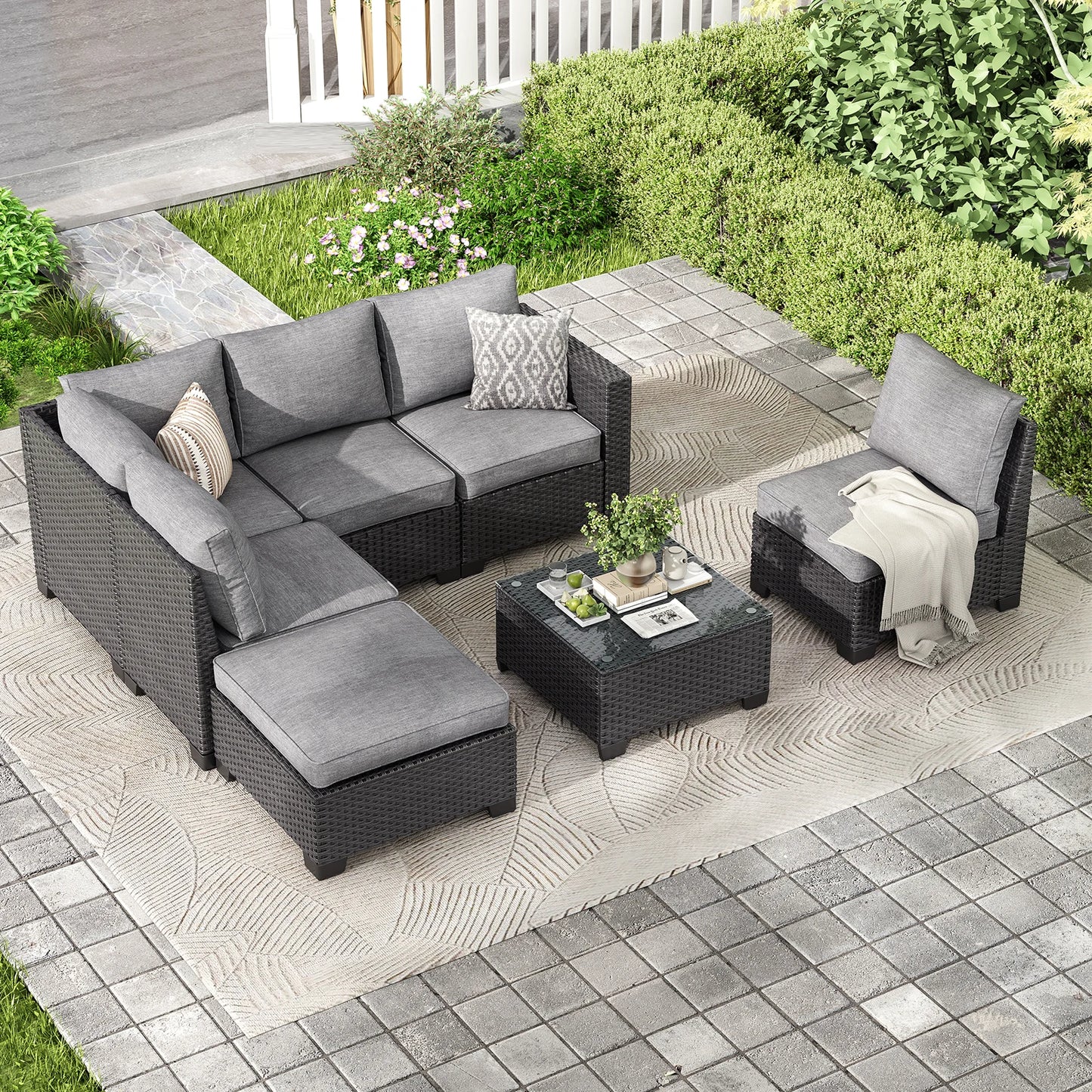 Outdoor Patio Sectional Sofa Set With Ottoman Water Resistant Fabric