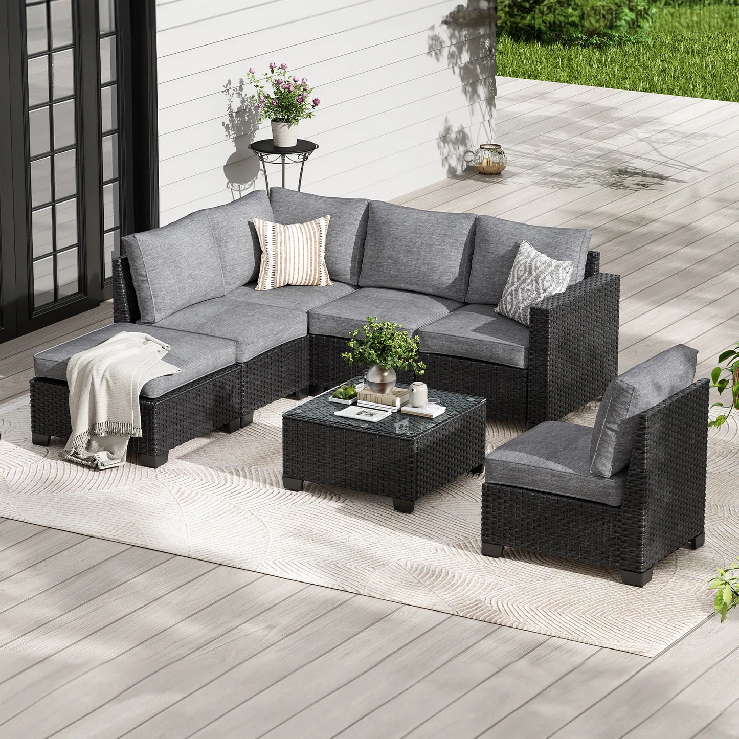 Outdoor Patio Sectional Sofa Set With Ottoman Water Resistant Fabric