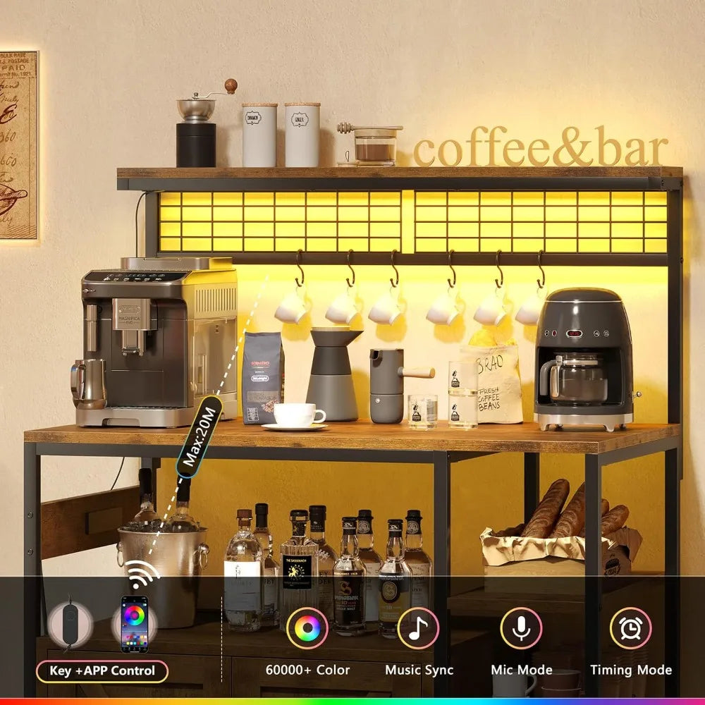 Bakers Rack With Power Outlet LED Light And Storage Cabinet