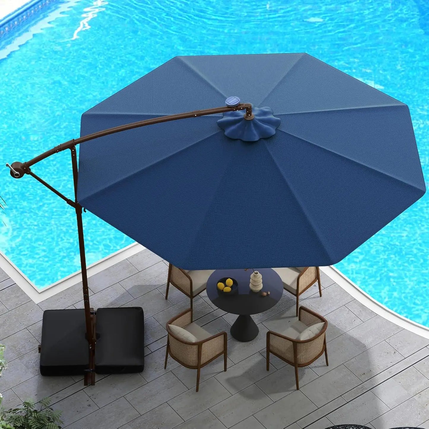 Offset Cantilever Patio Umbrella With Base And Solar LED Lights