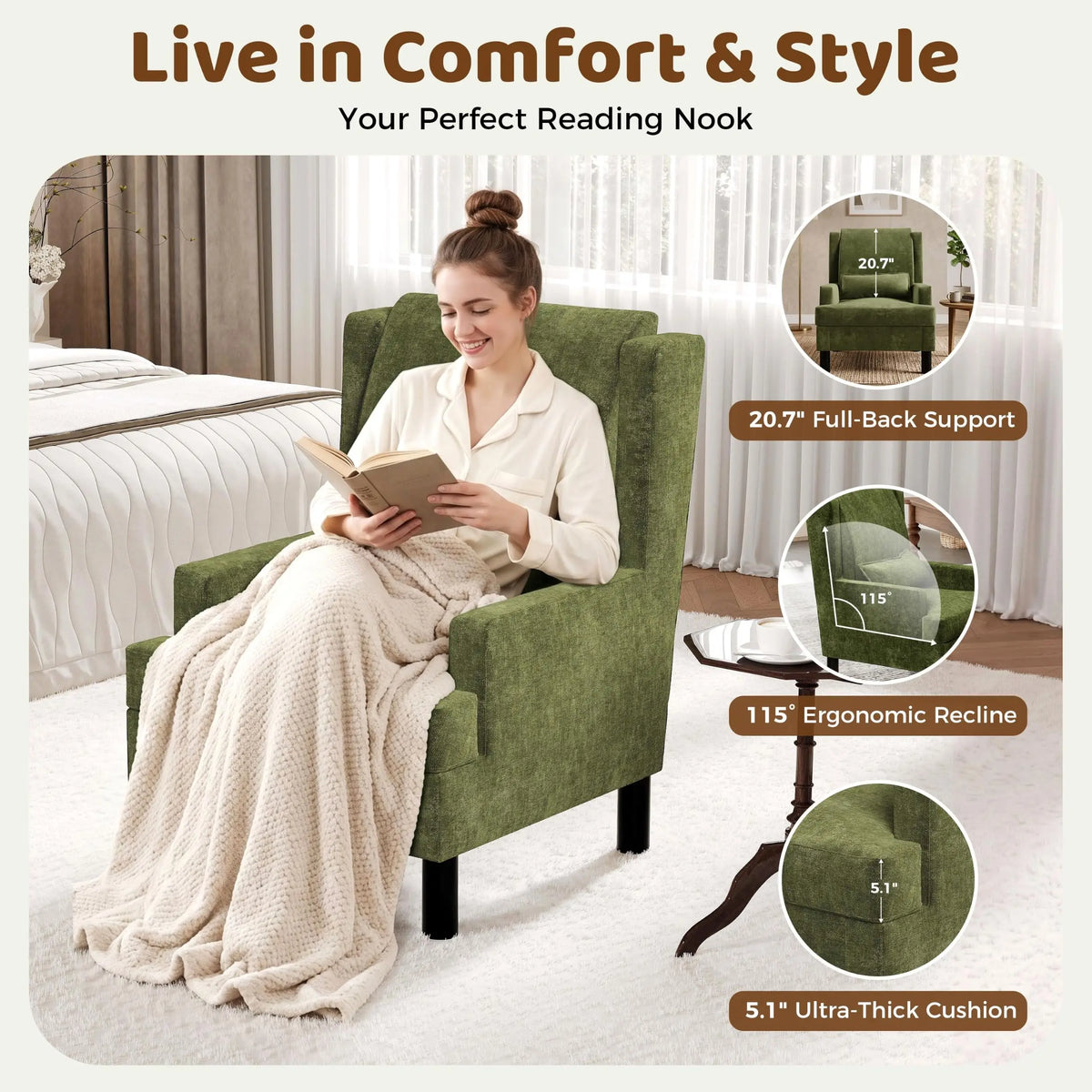 HiMISS Modern Chenille Wingback Accent Chair With Lumbar Pillow