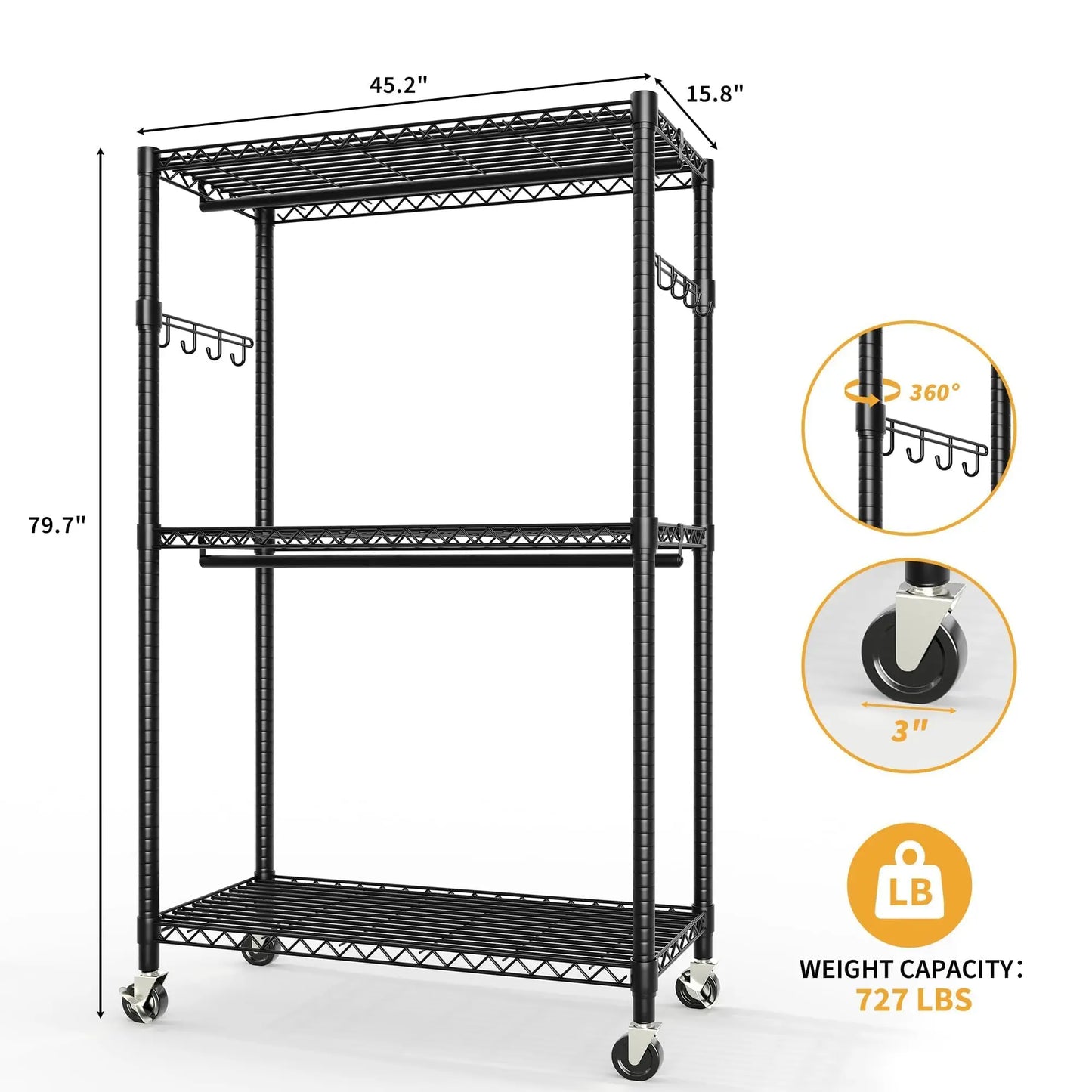 HiMISS 3 Tier Rolling Metal Garment Rack With Dual Rods