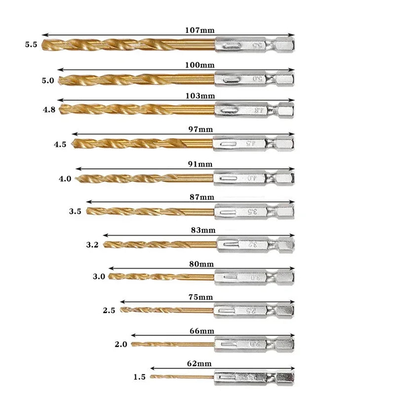 HSS Titanium Coated Drill Bit Set 13 Pieces Hex Shank