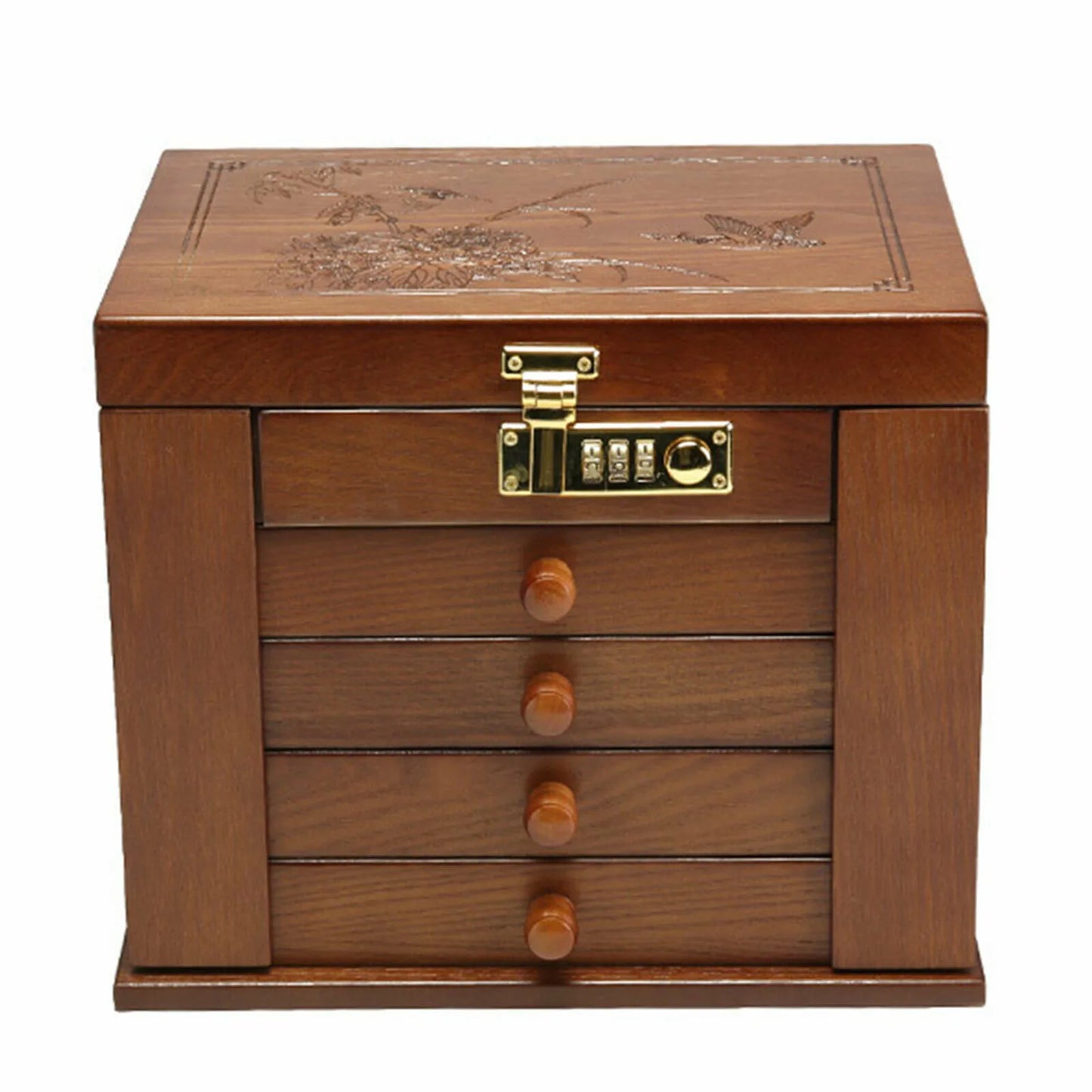 Wooden Jewelry Box With Mirror Password Lock Four Layer Organizer