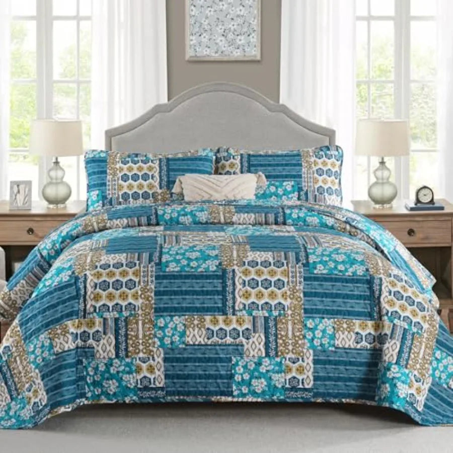 Boho Quilt Set Patchwork Reversible Microfiber Bedding