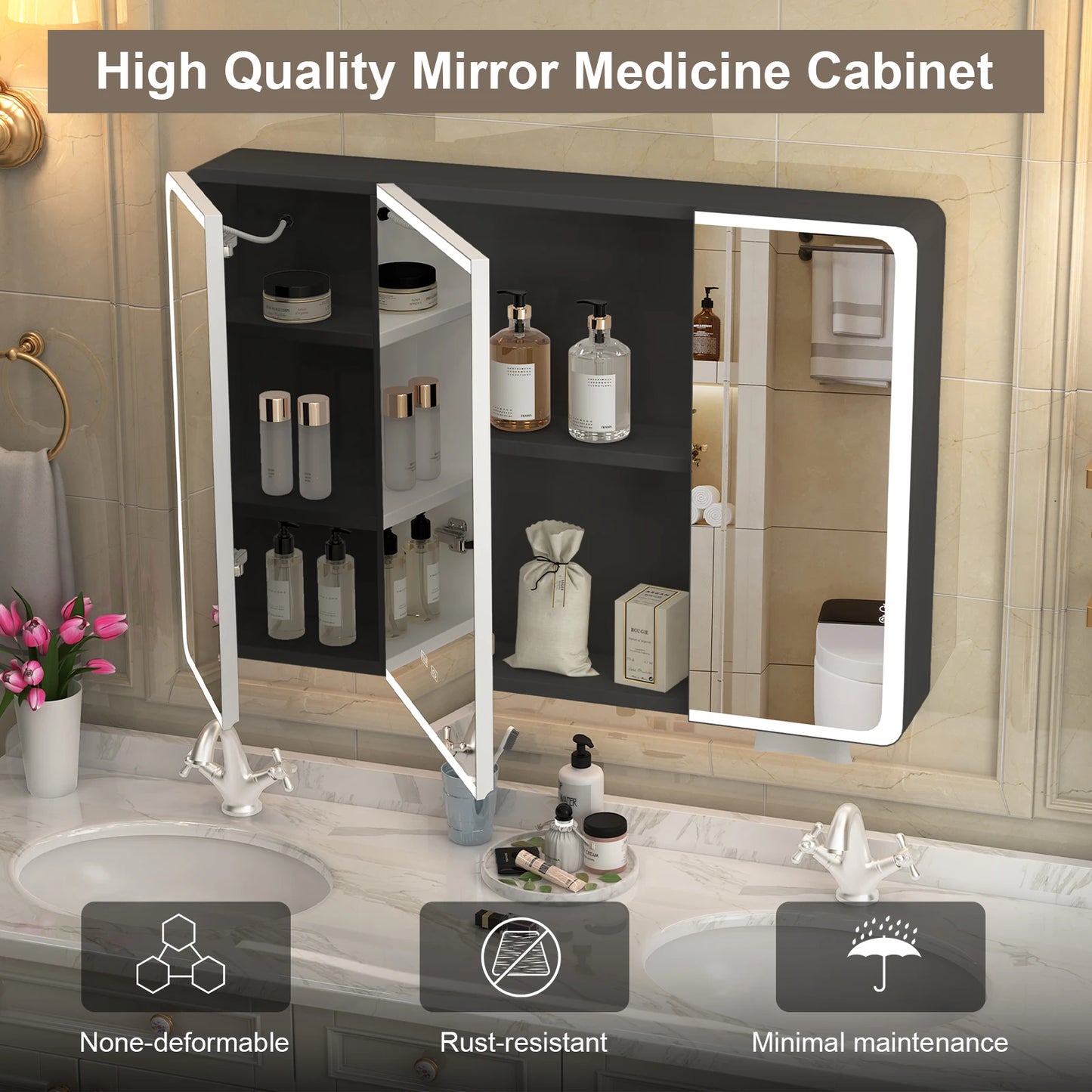 Onesaimei LED Mirror Cabinet With Fogless Lighting Two Door Bathroom