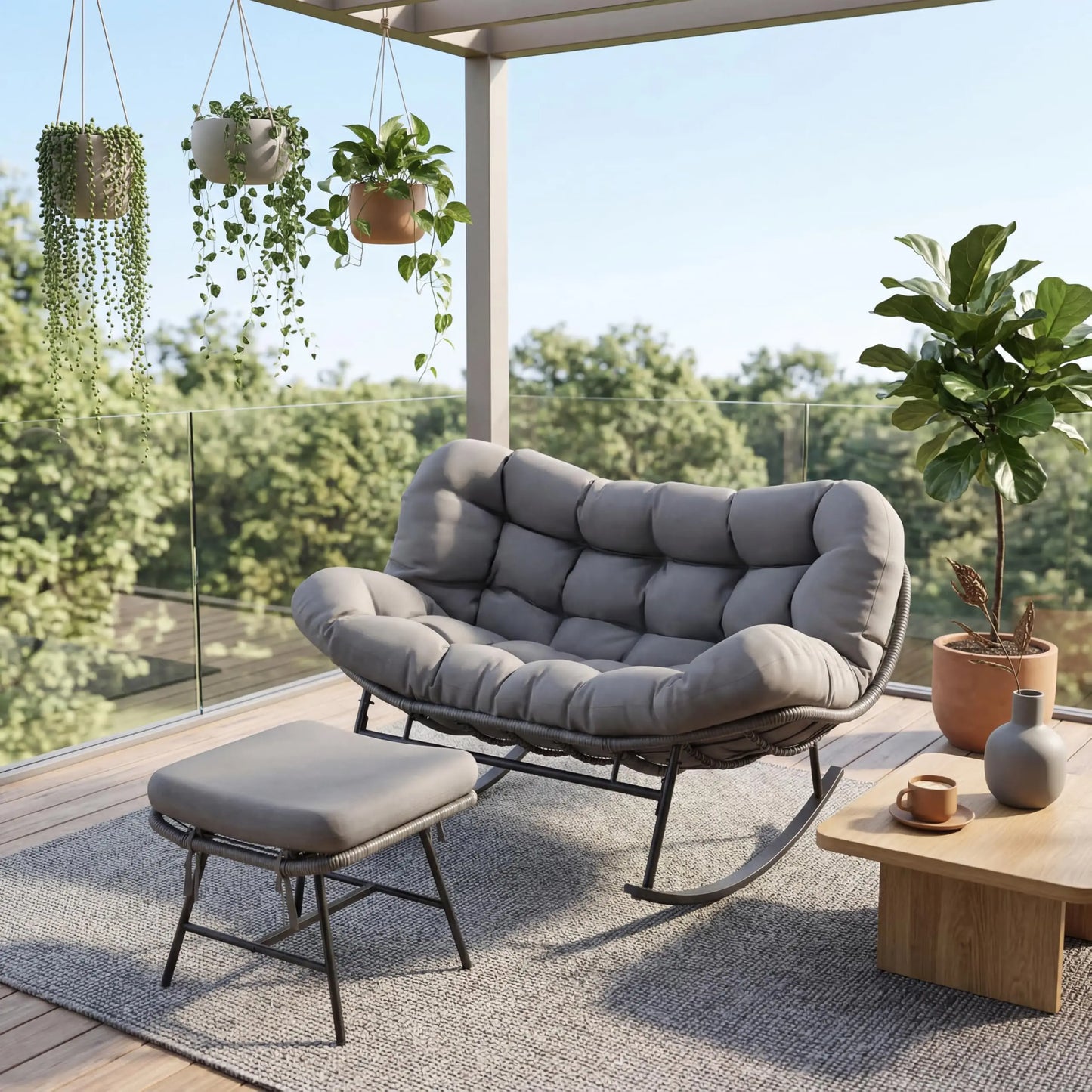 HobbyLane Double Papasan Rocking Chair With Ottoman Outdoor Oversized Wicker