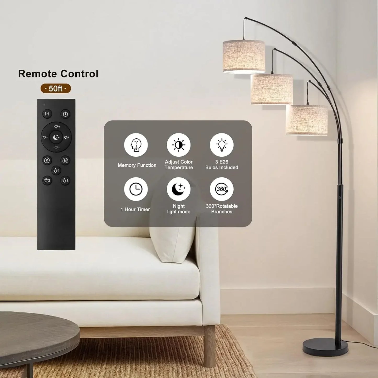 Arc Floor Lamp With Remote, 3 Color Temperatures, Dimmable