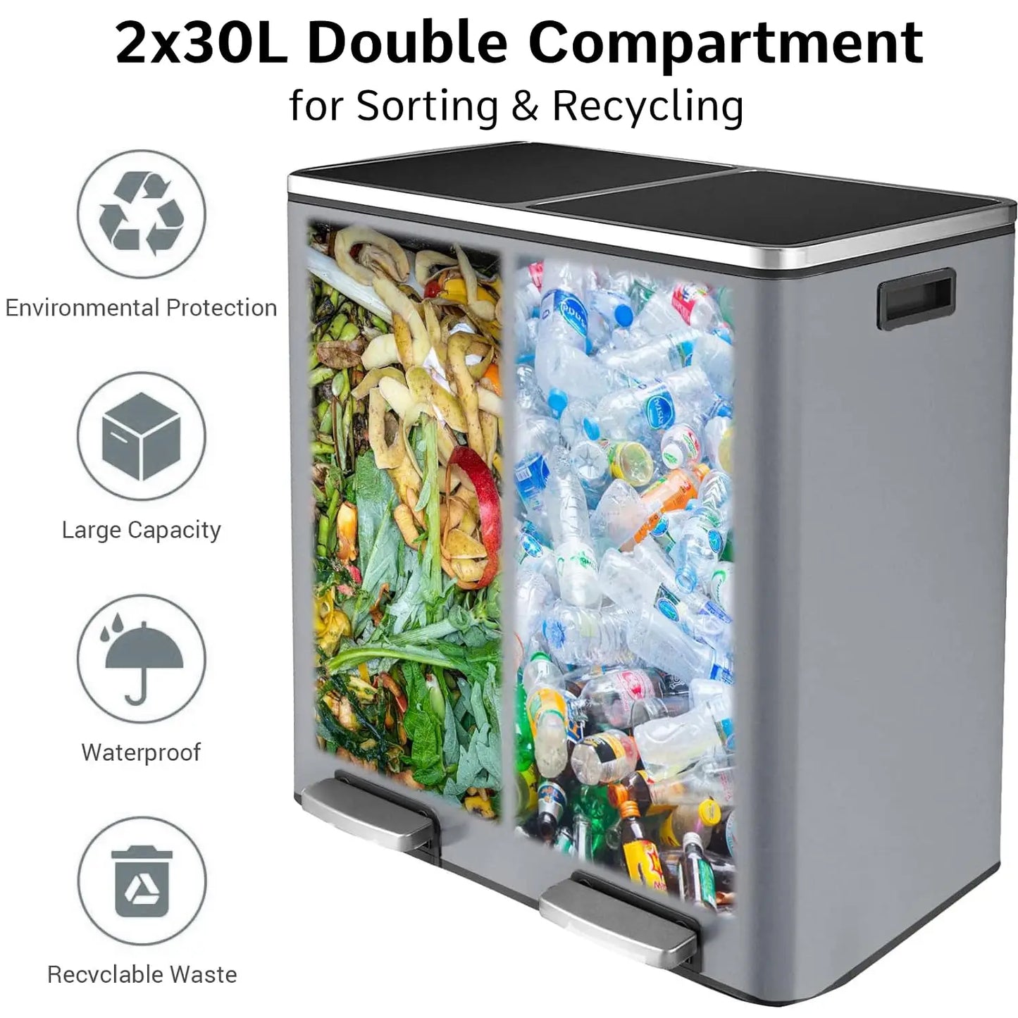 Stainless Steel Dual Recycling Trash Can With Soft-Close Lid